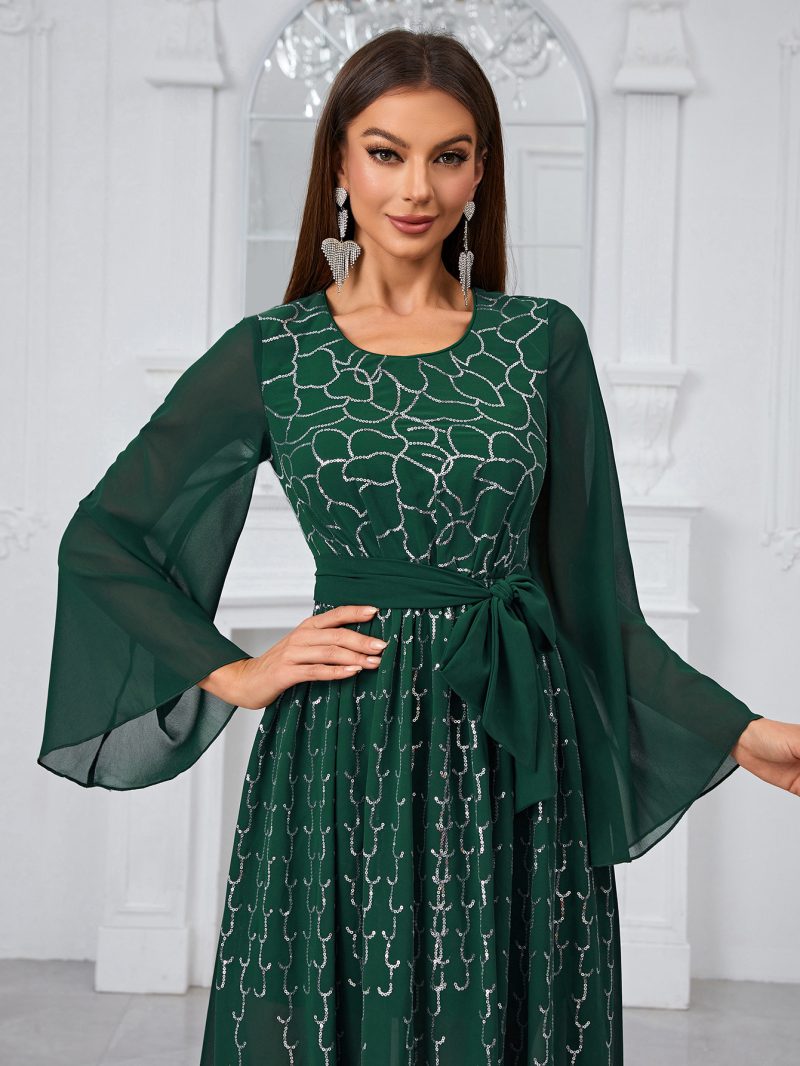 Casual Sequined Chiffon Dress with Lace-Up Long Sleeves - Image 3