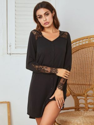 Long Sleeve Lace Stitching Mock Fly Imitation Cotton Nightdress for Women