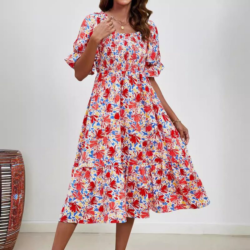 Pleated Square Collar Puff Sleeve Smocking Printed Dress