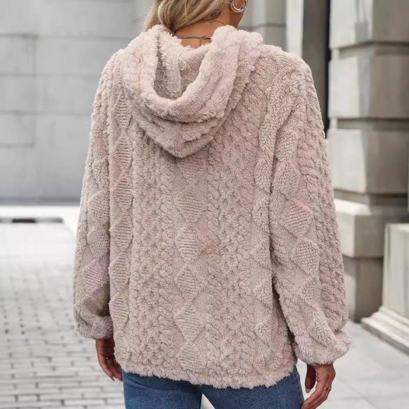 Women’s Autumn Winter Plush Jacquard Fabric Long Sleeve Loose Hooded Pullover Sweater - Image 2
