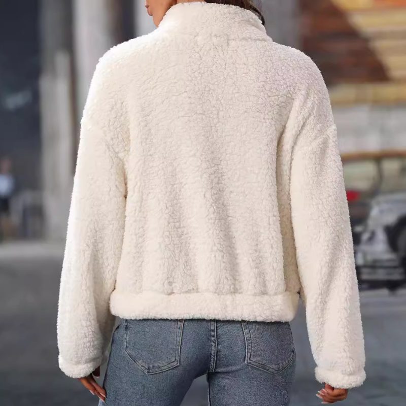 Womens Plush Long Sleeve Half-Zipped Stand Collar Sweater - Image 2