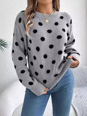 Casual Contrast Color Polka Dot Long Sleeve Pullover for Women