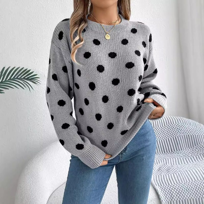 Casual Contrast Color Polka Dot Long Sleeve Pullover for Women