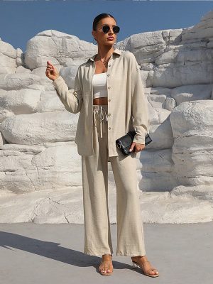 Solid Color Long Sleeve Collared Shirt & High Waist Trousers Set