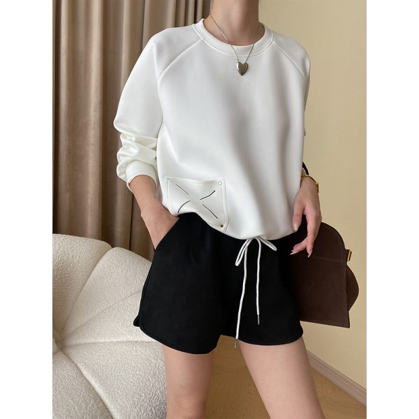 Tone Embroidery Drawstring Sweatshirt: Loose Raglan Sleeve Casual Top - Image 2