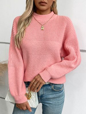 Women’s Solid Color Half Collar Pullover Sweater – Casual Loose Fit