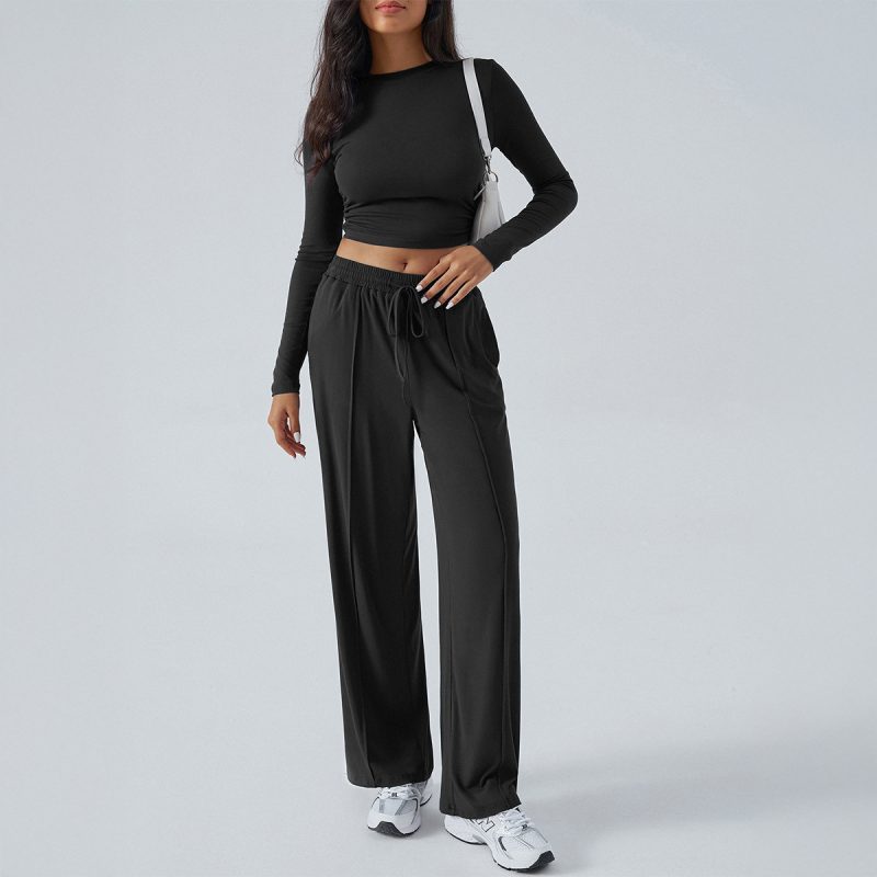 Women’s Round Neck Long Sleeve Top & Wide Leg Pants Set - Image 2