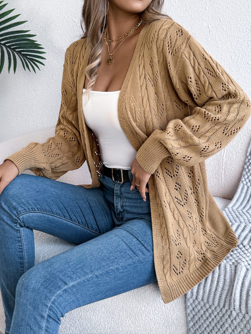 Casual Solid Color Hollow Out Cutout Long-Sleeve Cardigan Sweater Coat for Women - Image 5