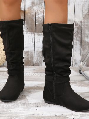 Pleated High Top Flat Boots with Side Zipper for Women