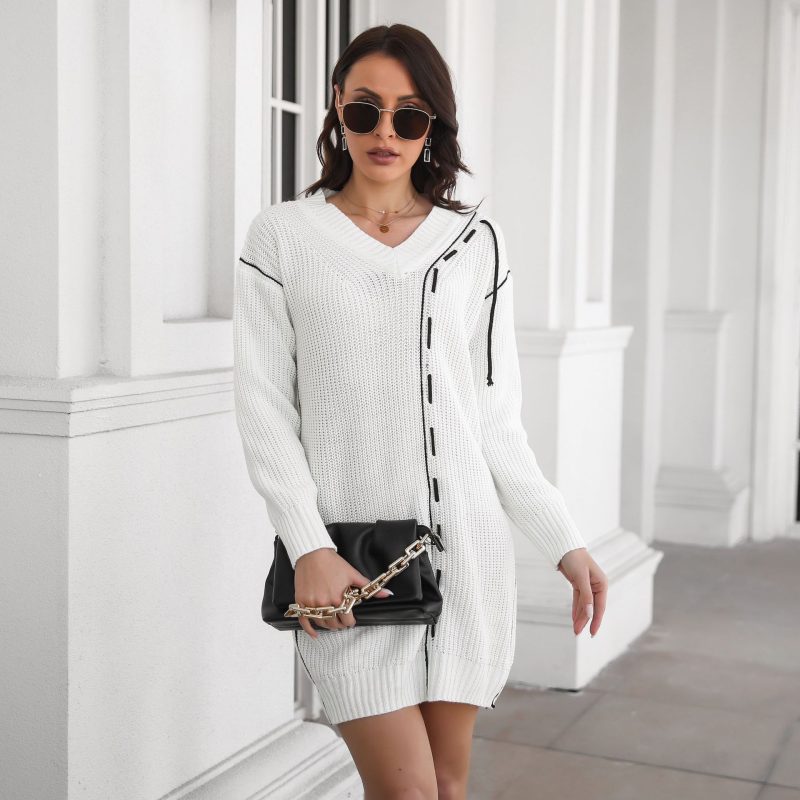 Drawstring V-Neck Long Sleeve Sweater Dress for Women - Loose Knit - Image 3