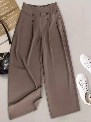 Loose High Waist Button Casual Cropped Wide Leg Pants for Women