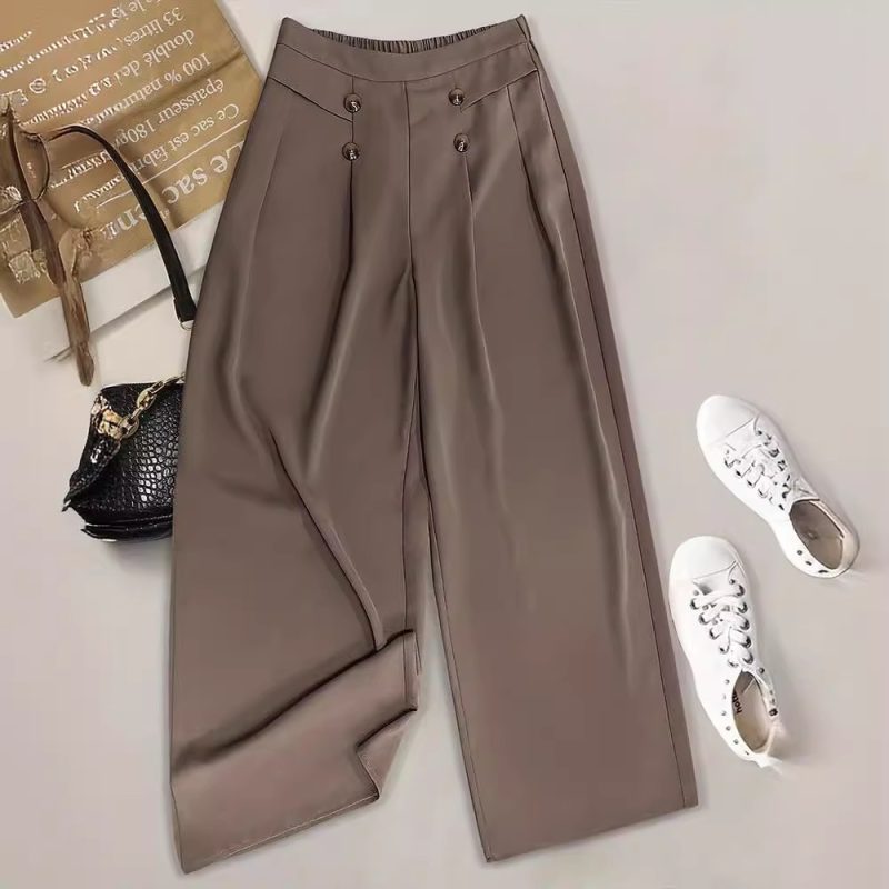 Loose High Waist Button Casual Cropped Wide Leg Pants for Women