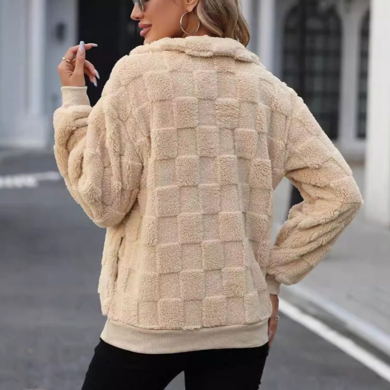 Winter Half-Zipped Stand Collar Loose Plaid Plush Pullover Sweater - Image 3