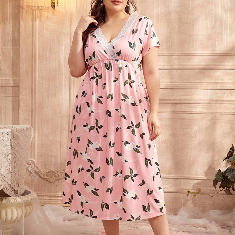 Plus Size Spring Summer Lace V-Neck Cotton-Like Printed Nightdress