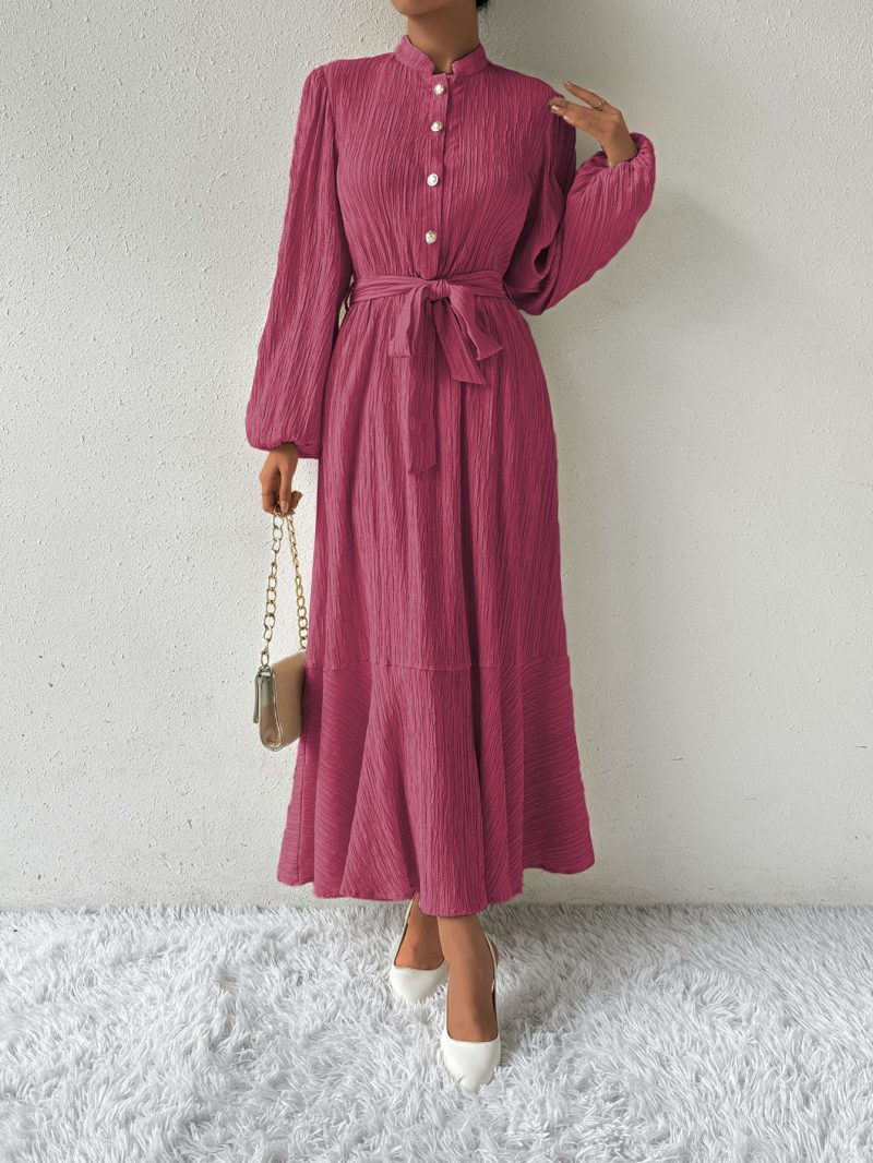 Solid Color Lantern Sleeve Button Dress - Slimming Maxi Dress - Image 5