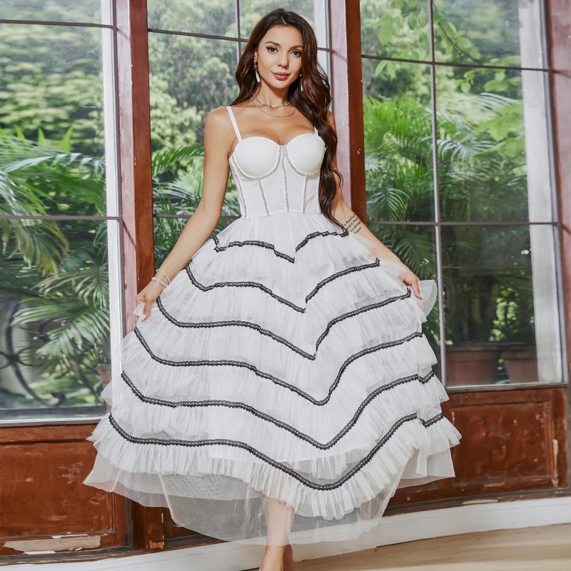 Irregular Asymmetric Tiered Mesh Dress with Beaded Boning Corset and Organza Skirt