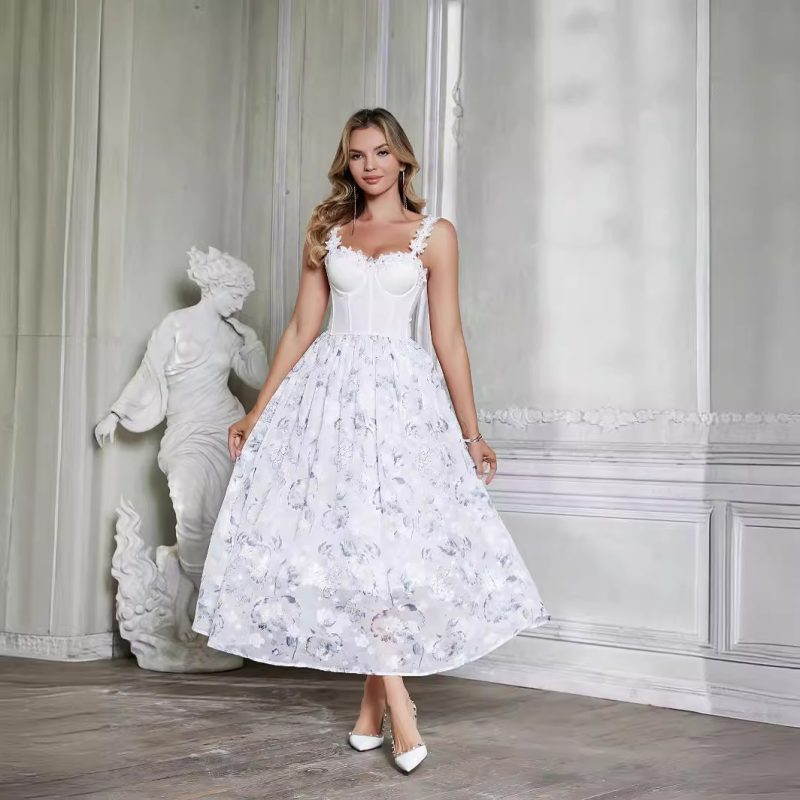European Camellia Shoulder Strap Corset A-Line Dress