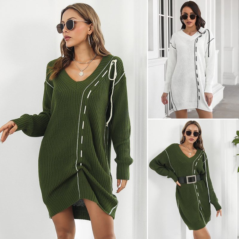 Drawstring V-Neck Long Sleeve Sweater Dress for Women - Loose Knit - Image 4
