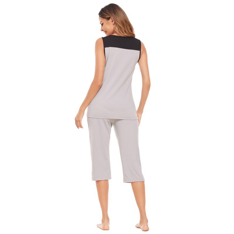 Summer Ladies Contrast Color Vest Top & Cropped Pants Pajama Set - Image 4