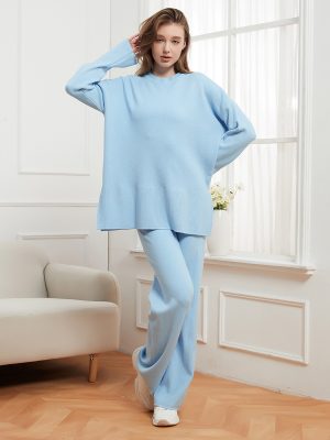 Solid Color Round Neck Loose Casual Sweater and Trousers Two-Piece Set for Women