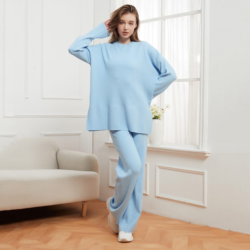 Solid Color Round Neck Loose Casual Sweater and Trousers Two-Piece Set for Women