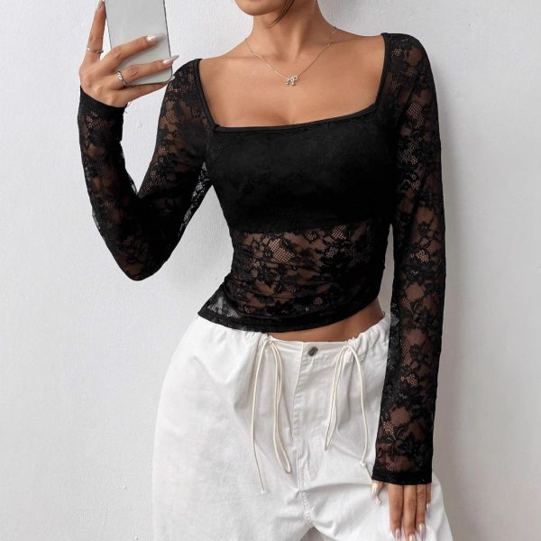 Elegant Lace U-Collar Top – Asymmetric Hem Long Sleeve Design - Image 5