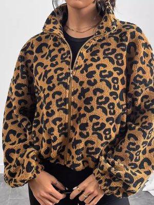 Womens Zipper Leopard Print Plush Cardigan – Loose Coat