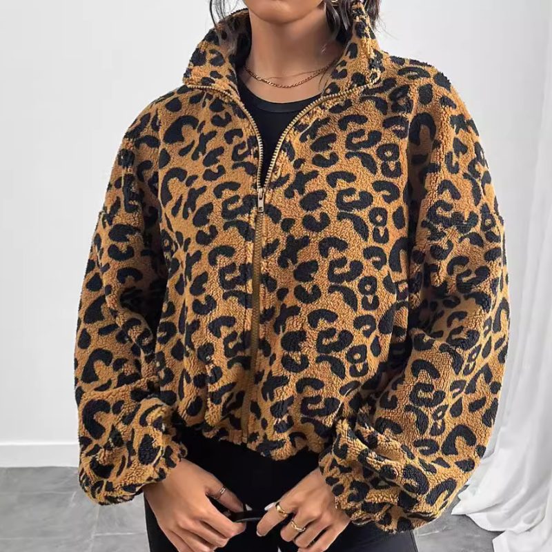 Womens Zipper Leopard Print Plush Cardigan - Loose Coat