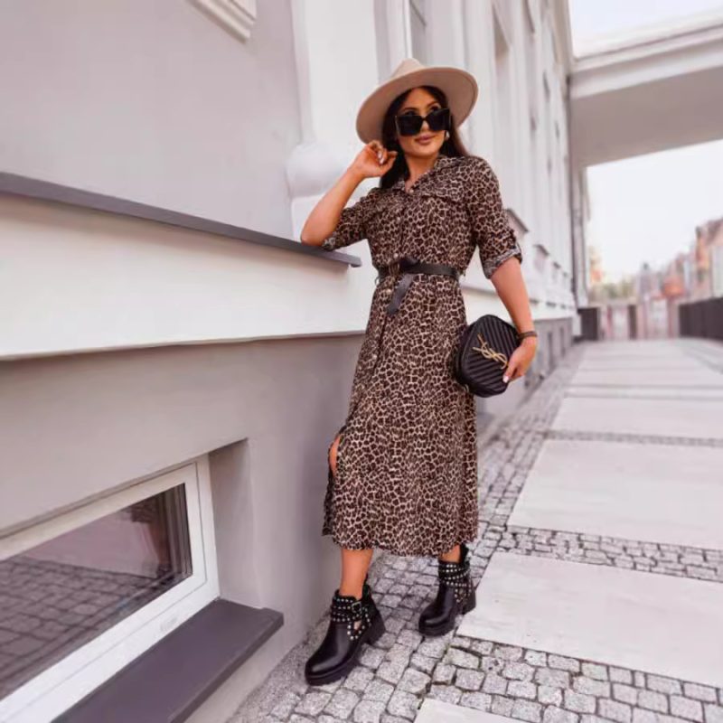 Autumn Leopard Print Mid-Length Shirt Dress for Women - Image 3