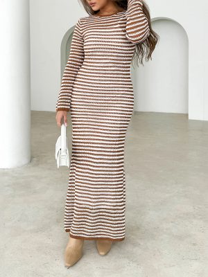 Contrast Color Striped Long Sleeve Sweater Dress for Women