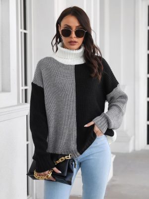 Color Block Turtleneck Drop-Shoulder Knit Sweater