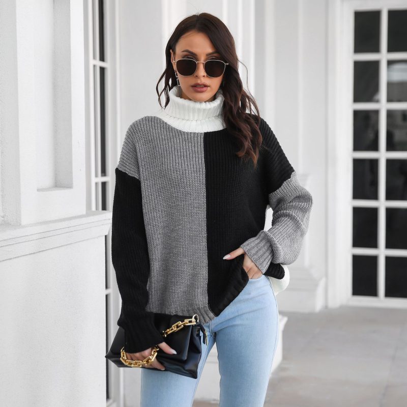 Color Block Turtleneck Drop-Shoulder Knit Sweater