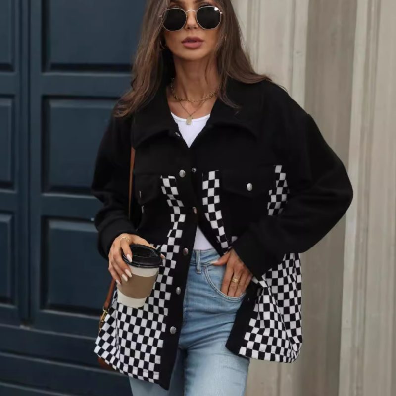 Women’s Autumn Winter Polo Collar Single Breasted Long Sleeve Polar Fleece Plaid Coat