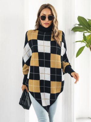 Plaid Jacquard Cape Sweater with Turtleneck for Women