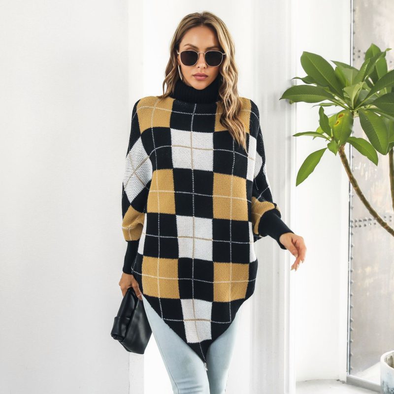 Plaid Jacquard Cape Sweater with Turtleneck for Women