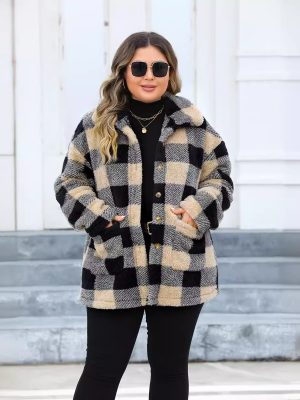 Plus Size Plaid Thickened Fleece Turn Down Collar Coat for Women