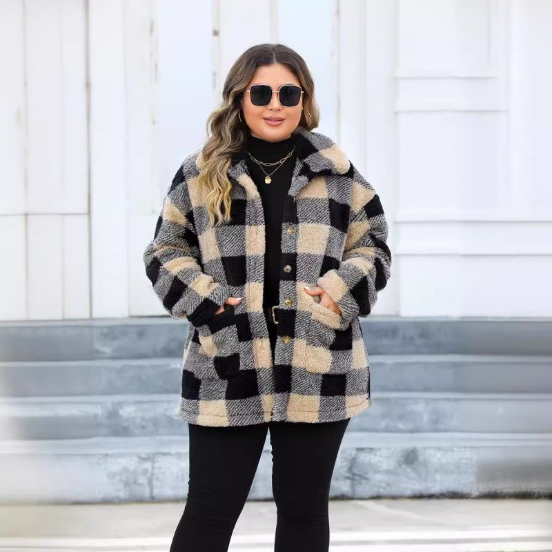 Plus Size Plaid Thickened Fleece Turn Down Collar Coat for Women