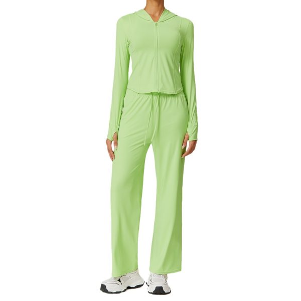 Solid Color Long Sleeve Top & High Waist Wide Leg Pants Yoga Suit - Image 3