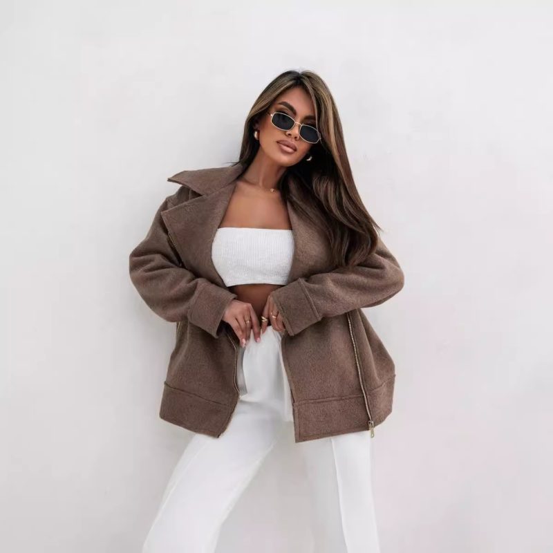 Autumn Winter Collared Woolen Brushed Zipper Coat for Women