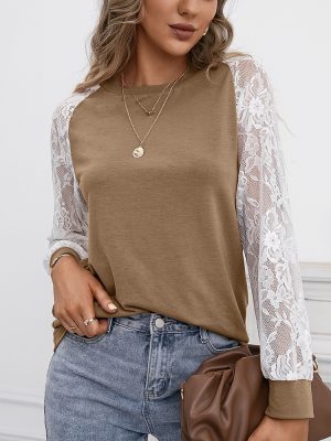 Hollow Out Lace Stitching Long Sleeve Round Neck T-Shirt for Women