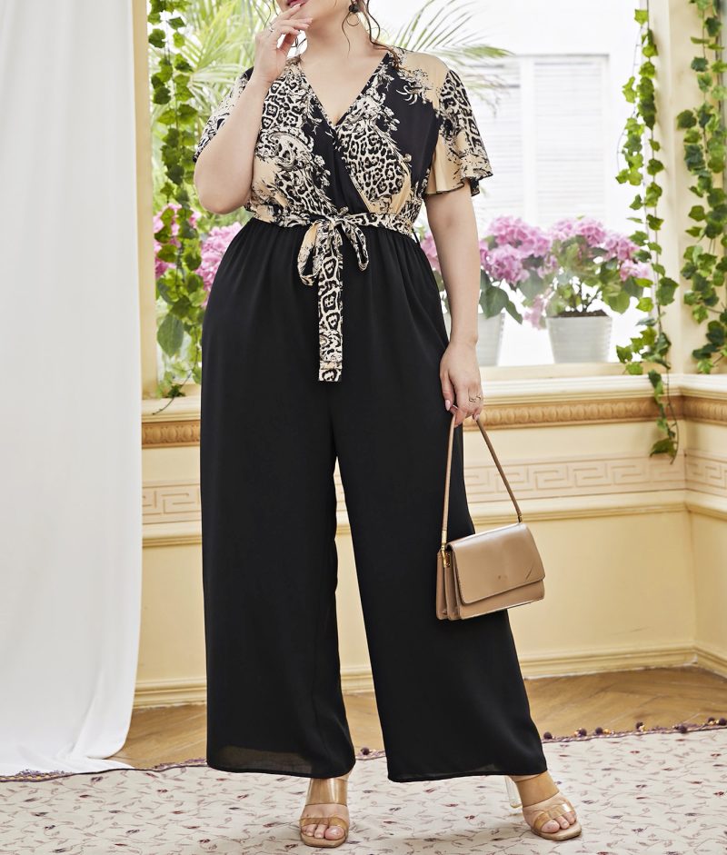 Vintage V-Neck Jumpsuit – Lace-Up Waist & Wide Leg Pants - Image 3