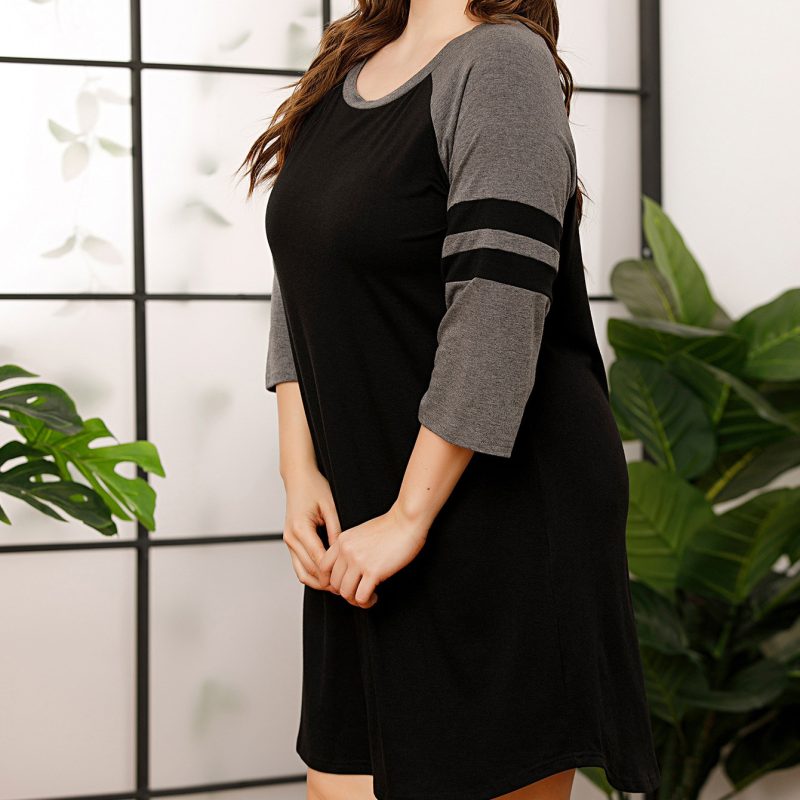 Plus Size Stitching Contrast Color Round Neck Dress with Sleeves - Image 2