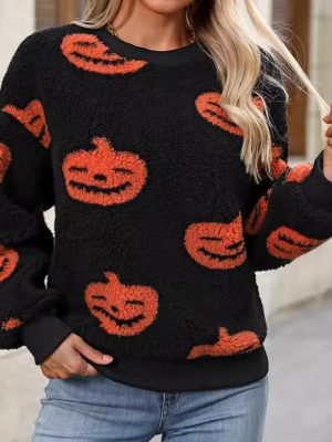 Women’s Autumn Winter Halloween Printed Plush Loose Pullover Sweatshirt