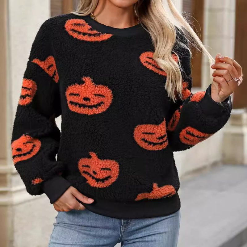Women’s Autumn Winter Halloween Printed Plush Loose Pullover Sweatshirt