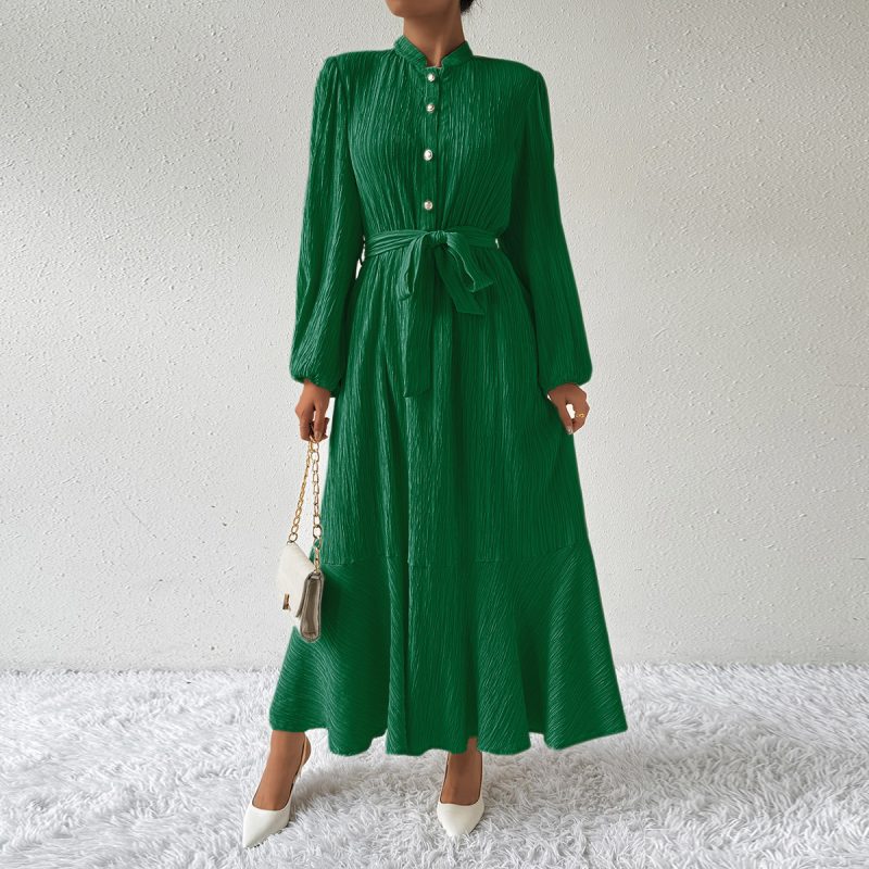 Solid Color Lantern Sleeve Button Dress - Slimming Maxi Dress
