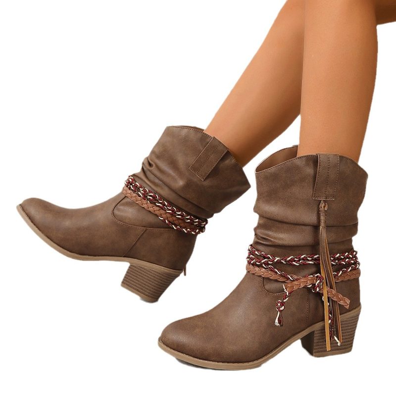 Women's Tassel Boots with Chunky Heels and Round Heads - Image 5