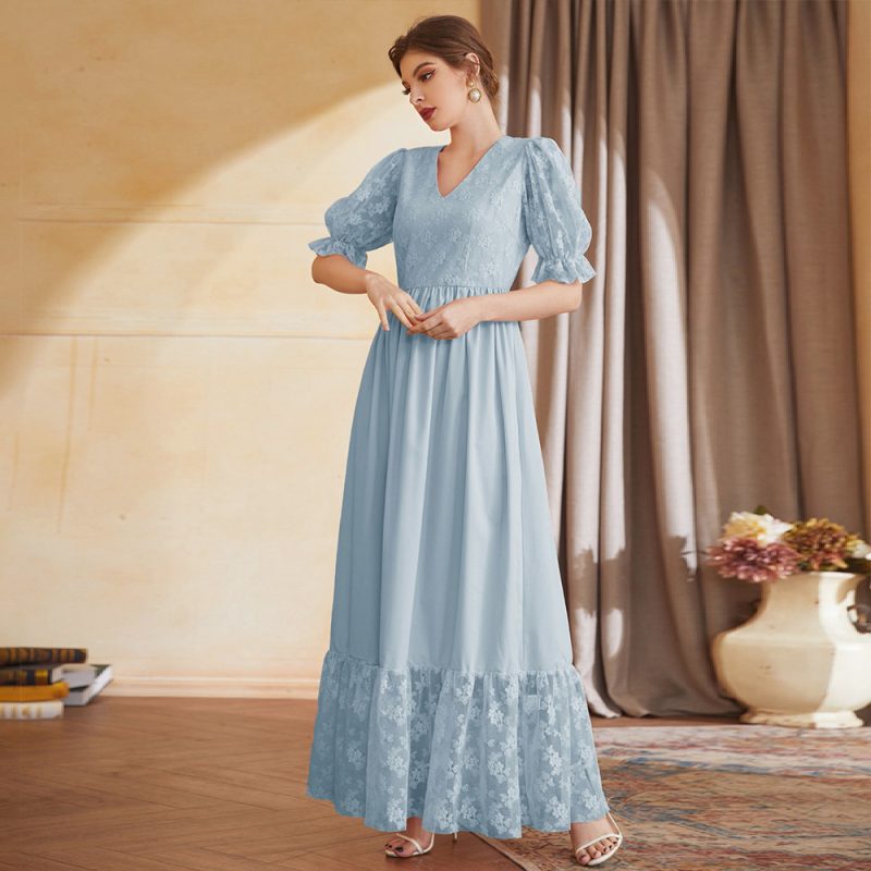 Short Sleeve Lantern Sleeve V-Neck High Waist Embroidered Mesh Maxi Dress - Image 4