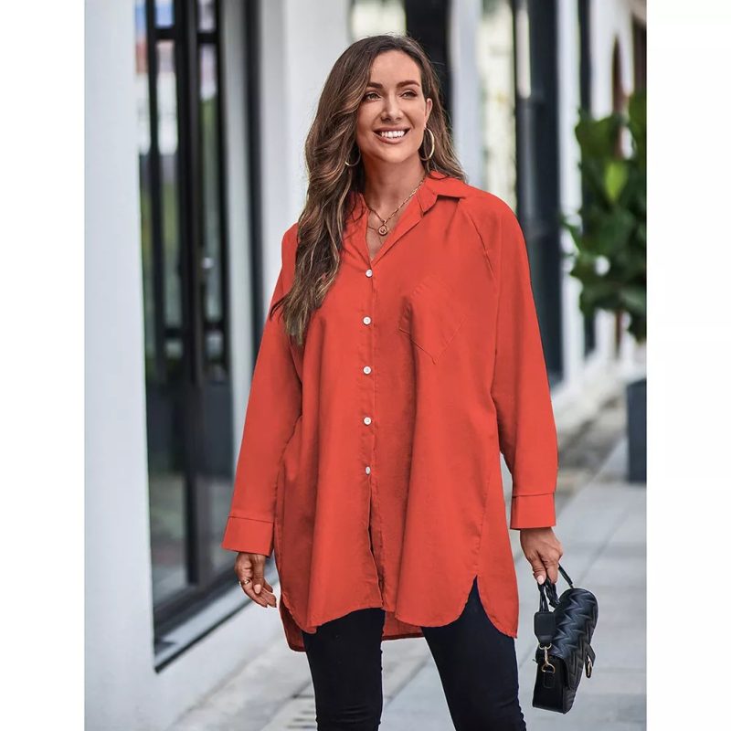 Solid Color Long Sleeve Back Button Shirt for Women - Image 4