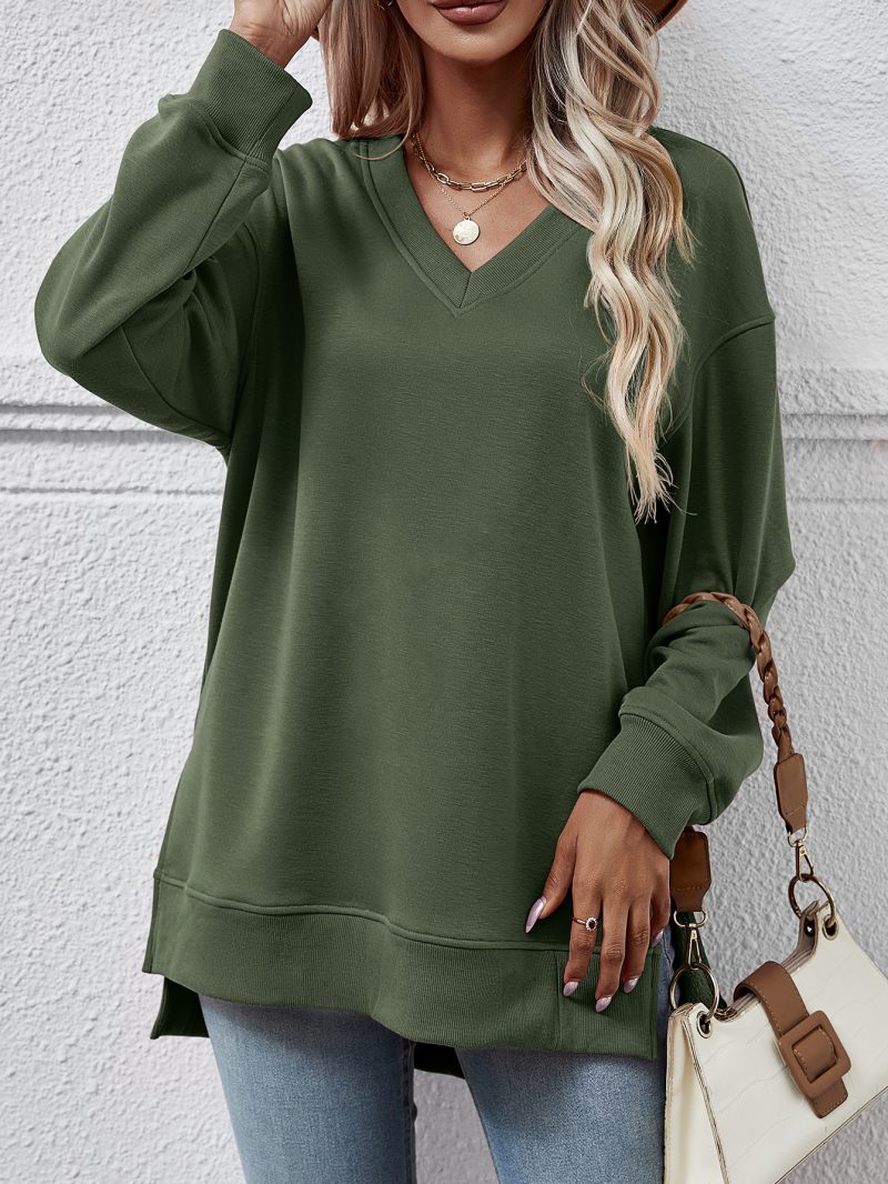 Solid Color V-Neck Split Front Long Blouse for Women - Image 2