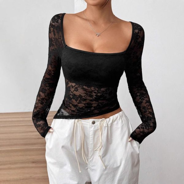 Elegant Lace U-Collar Top – Asymmetric Hem Long Sleeve Design